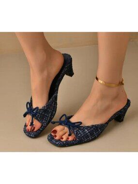 ZARA Blue Tweed Kitten Heel Mules Bow Detail Slip On Shoes Women Size 39EU8.5 US